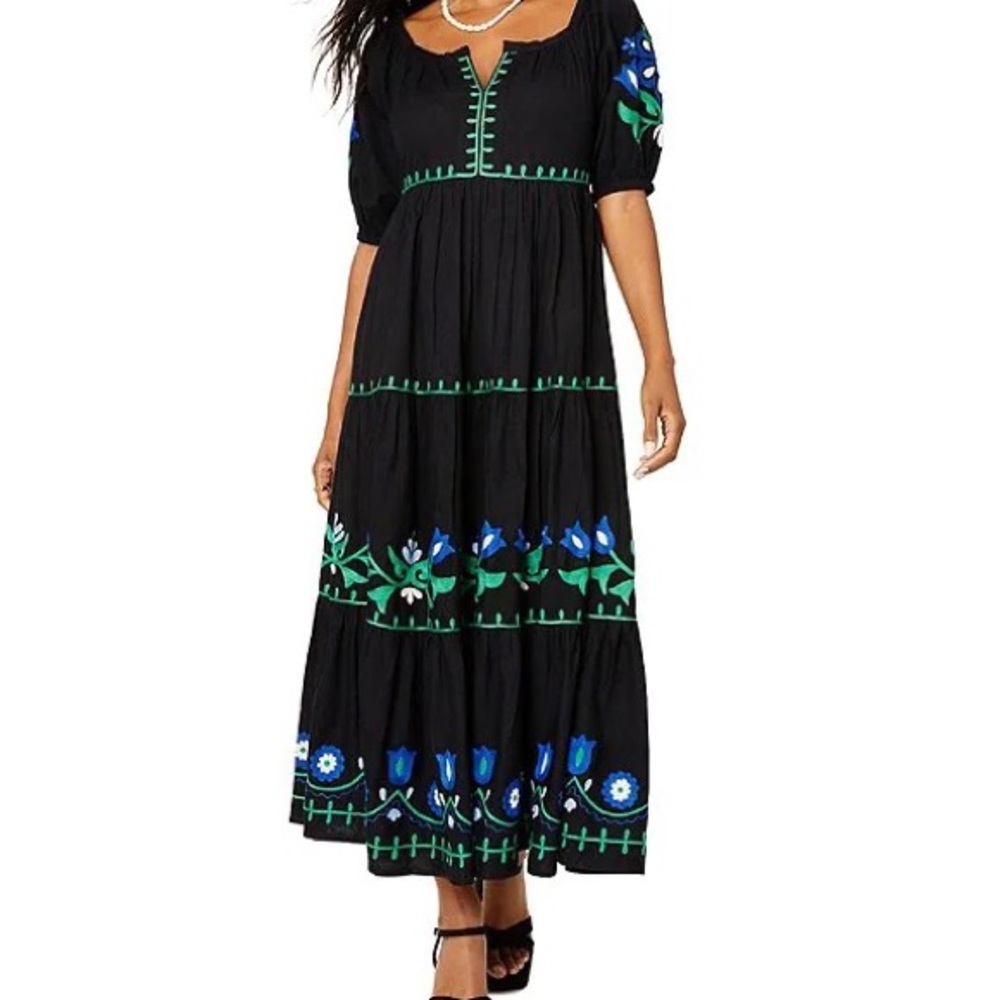 Roller Rabbit, Anthropologie 
Floral Embroidered Puffed Sleeve Tiered Maxi Dress